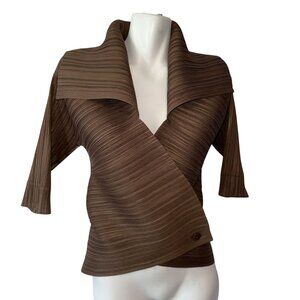 VANITE Couture Brown Button Wrap Blouse Jacket OS Cropped Lagenlook 3/4 Sleeve